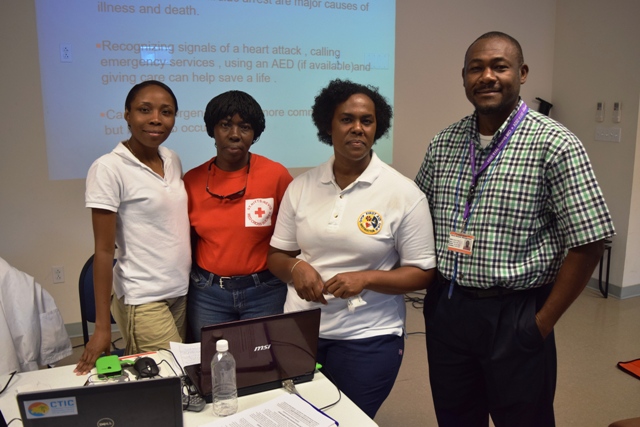 (L-r) Nurse Gracelyn Hanley, co-instructor and volunteer at the Red Cross Nevis Branch; instructor Gweneth Browne; instructor and health educator Nurse Roxanne Brookes and Director of the Nevis Disaster Management Department Brian Dyer at the department’s offices at Long Point on June 15, 2016